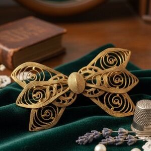 Antique Czech Art Deco Gold Filigree Bow Brooch